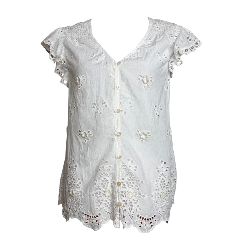 Love The Label White Eyelet Cotton Blouse Sheer Lace Flutter Sleeve Boho Top L - Picture 3 of 11
